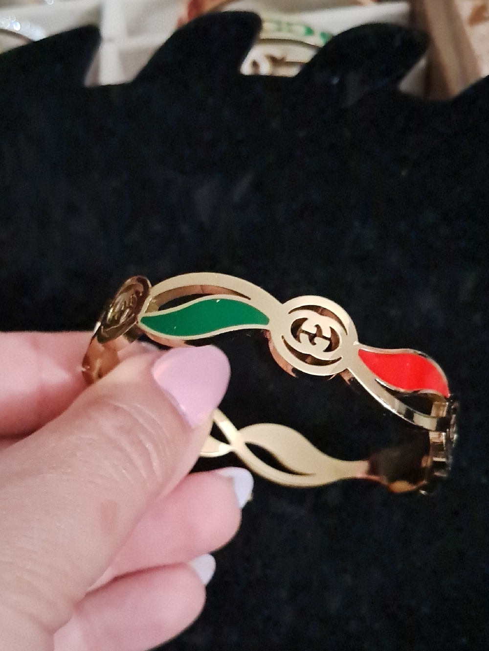 Fashion Jewelry Gold-Tone Bracelet with Green and Red Enamel